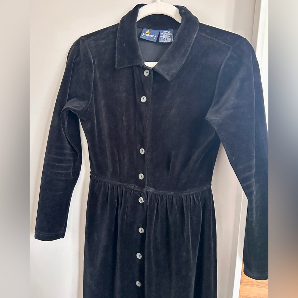 Black velvet midi dress with button-up front and collar by Liz Claiborne
